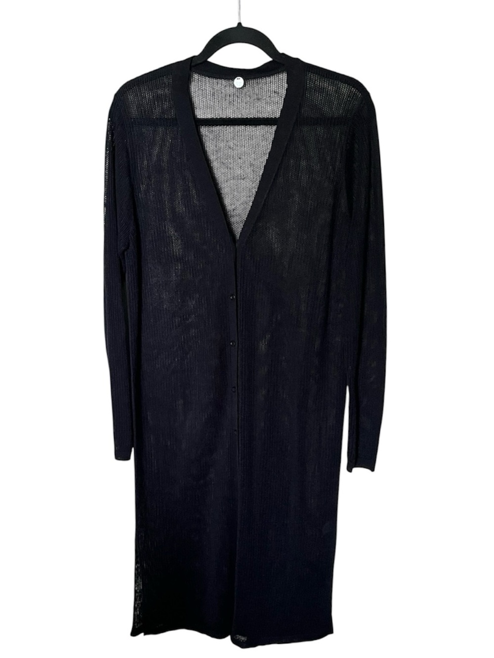 Margaret O'Leary Linen Black Mesh Button Long Cardigan Sweater Duster Size Large